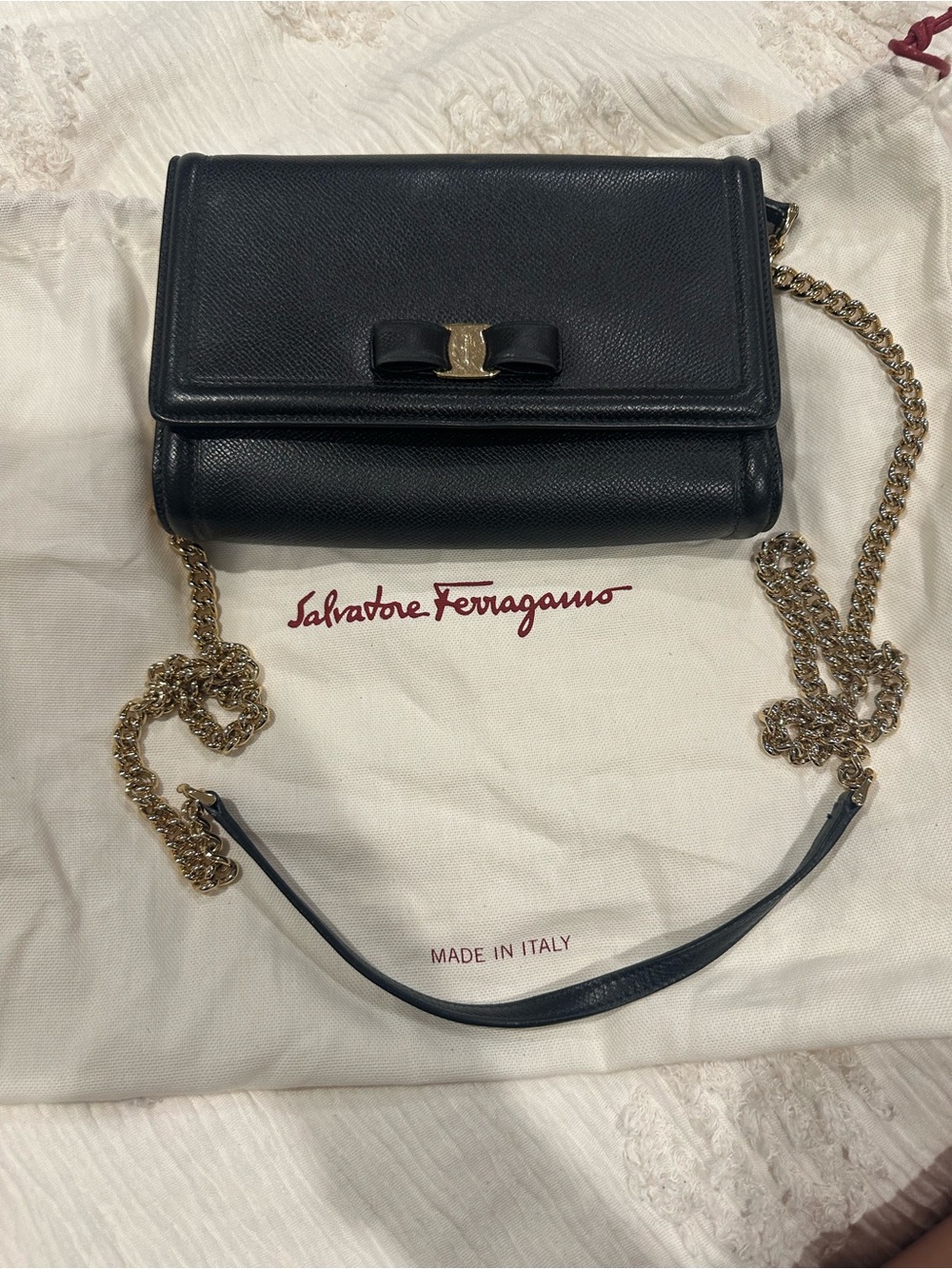 Salvatore Ferragamo Black Leather Vara Bow Crossbody with Gold Chain